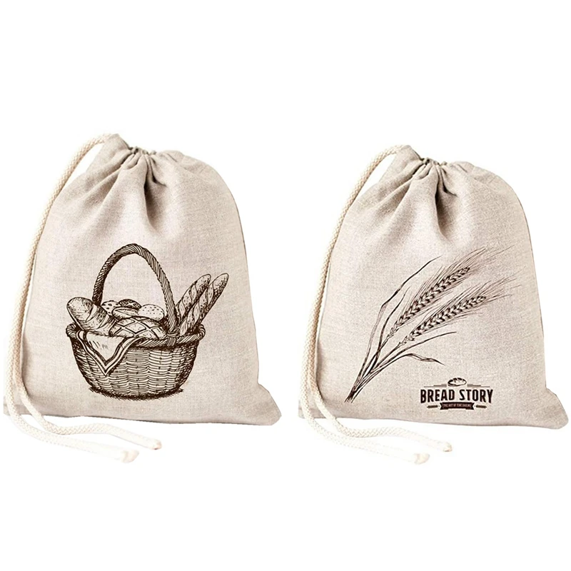 Linen Bread Bags -2 Pack Art Design Natural Unbleached Linen Reusable Food Safe Storage For Homemade Artisan Bread Easy To Use