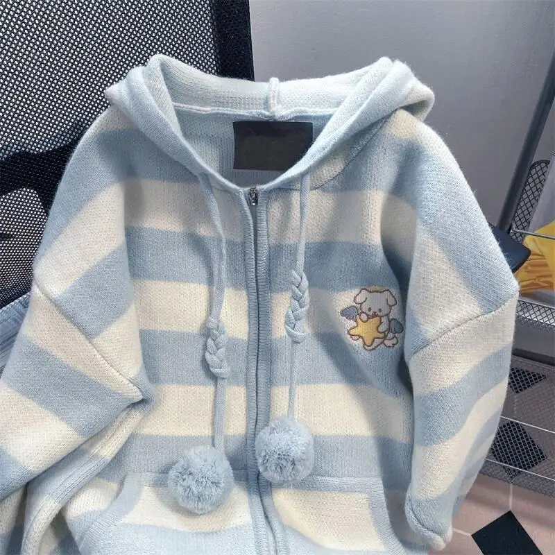 Cute bear Embroidery Striped Zip Up Hooded Knit Cardigan College style Loose Soft Pom Pom Drawstring Sweater Coat for Women