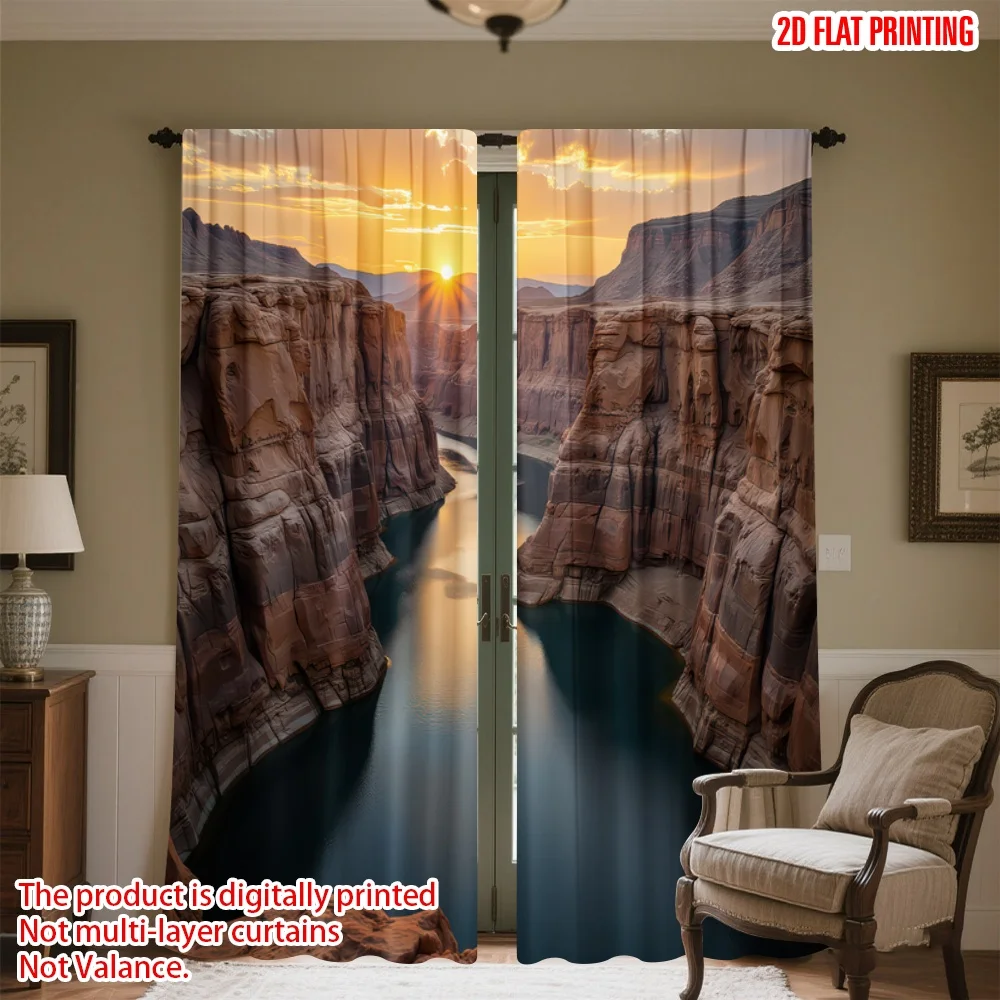 

2D flat printing 2pcs Party Curtains Sunset Over Canyon River Digital Printed Polyester Drapes Seasonal Party & Holiday Decor