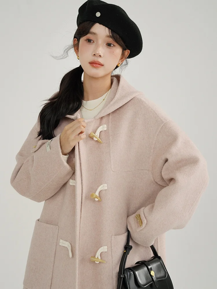 

Sleepy Rabbit Cheese Trap Double-Sided Woolen Coat Women's Winter Pink Hooded Short Button-Up Knitwear Jacket Sweet Style