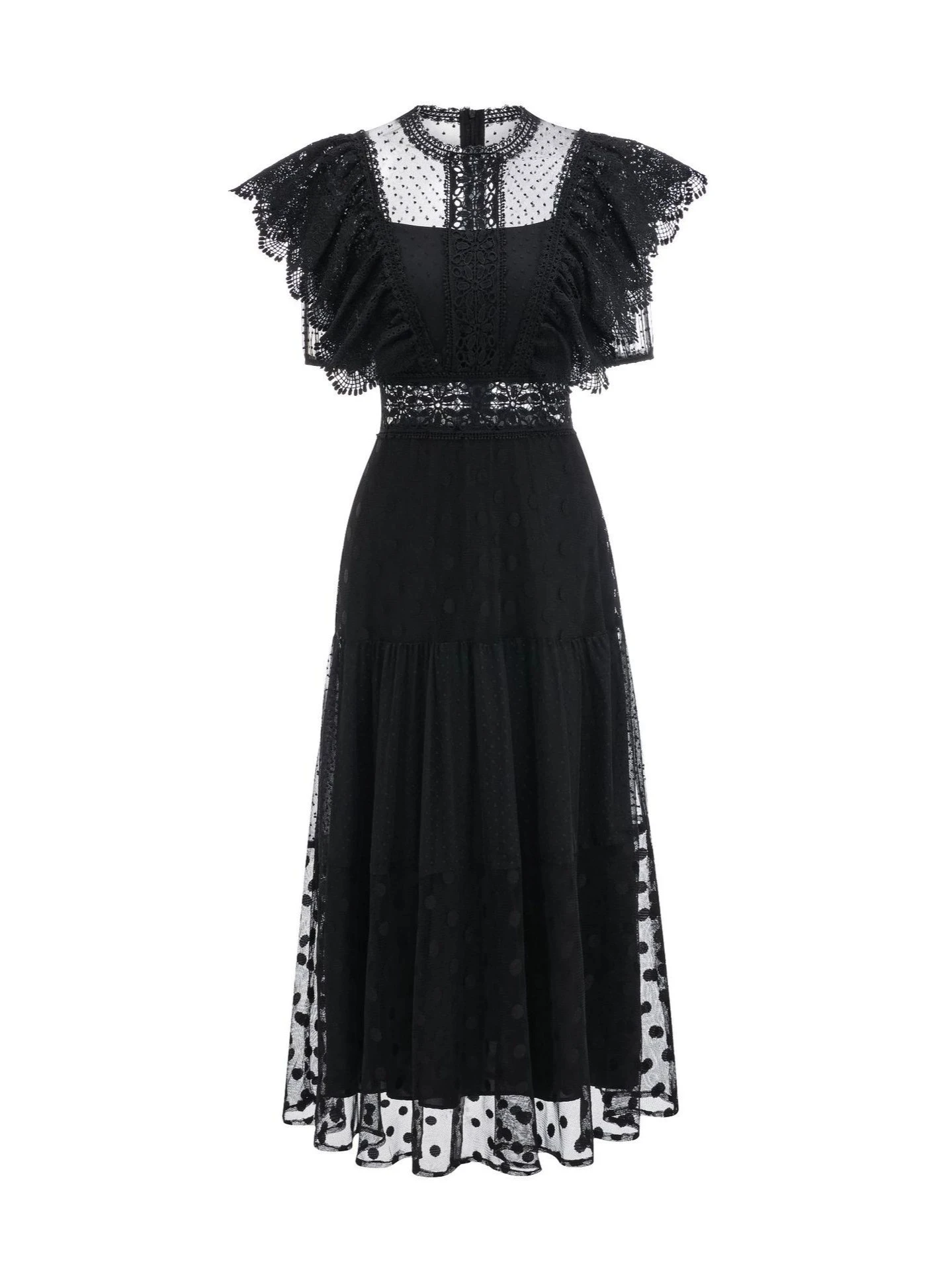 

2025 European and American commuter temperament round neck flying sleeve long dress waist slim polka dot skirt-GZXX437