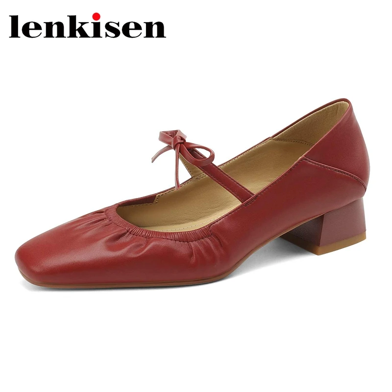 

Lenkisen Cow Split Leather Square Toe Med Heel Brand Shoes Butterfly-knot Korean Style Beauty Lady Dating Sweet Women Pumps L52