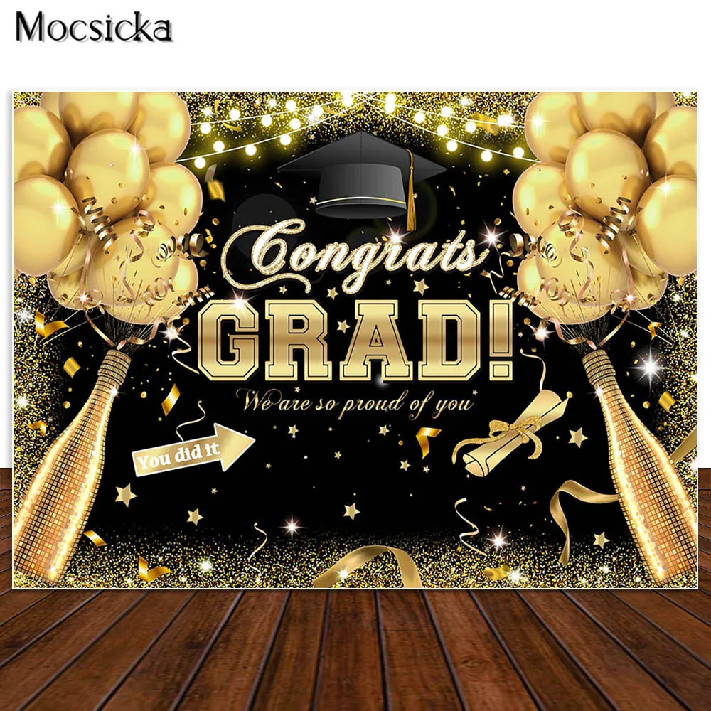 Fondo fotográfico de fiesta de graduación, telón de fondo de fiesta de graduación, Flash, globos dorados, confeti