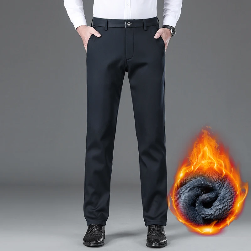 

Мужские бархатные теплые повседневные брюки, зимние однотонные темно-синие флисовые утепленные прямые брюки, брендовые мужские брюки, черные, королевские синие