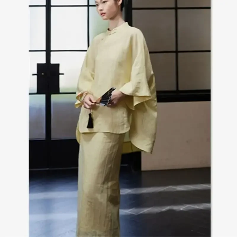 ฤดูร้อนใหม่ 2 ชิ้นชุดผู้หญิงสไตล์จีนสบายๆหลวมไม่สมมาตร Hem เสื้อและกระโปรงยาวแยกชุดกระโปรงนุ่มชุด