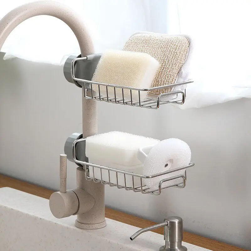 Kitchen Stainless Steel Sink Drain Rack Sponge Storage Faucet Holder Soap Drainer Towel Rack Shelf Organizer Kitchen Accessories