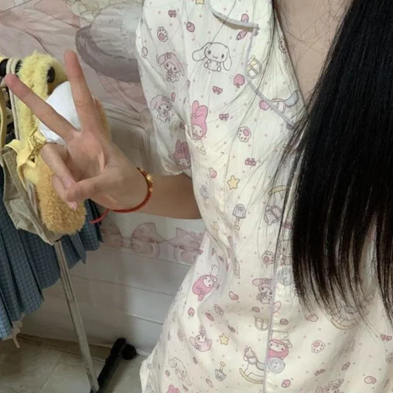 

Комплект пижам Sanrio My Melody: белые аниме-шорты и футболка с коротким рукавом, хлопковый, для женщин и студенток, домашняя одежда, для улицы, ночная одежда