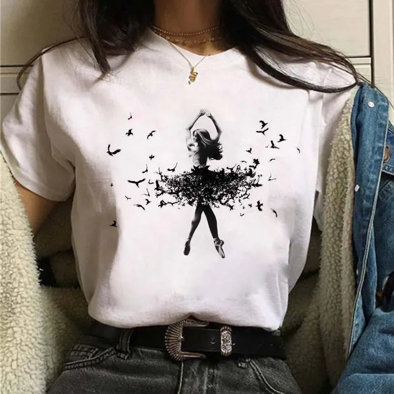 Maycaur New Watercolor Ballet Dancer Print Women Tshirt Casual Dancing Ballet O-Neck Summer Harajuku Vintage Tops Camisas Mujer