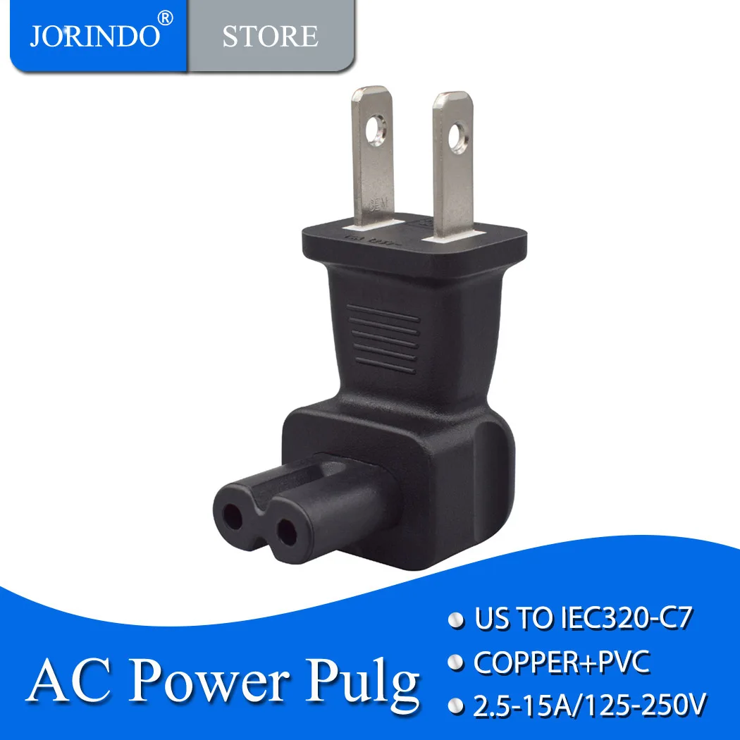 JORINDO 90 degree US to C7 power plug Power cable adapter, right Angle American standard two pin plug to IEC C5 converter