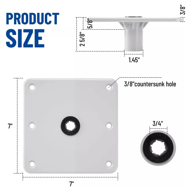 Wytrzymała podstawa siedziska łodzi, cokół siedziska 7 x 7 cali z gniazdem kołkowym 3/4 cala, biały-A02Q