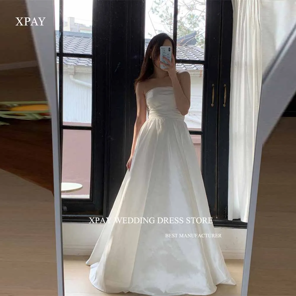 XPAY Simple A Line Taffeta Korea Wedding Dresses Customised Puff Short Sleeves Corset Back Bridal Gowns Photo shoot Plus Size