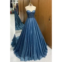 Amanda Blue Glitter Formal Occasion Evening Strapless A-line vestidos de fiesta Elegant Sleeveless Floor-Length Porm Dresses