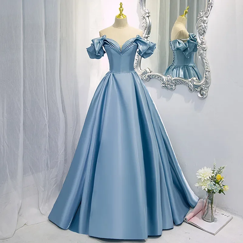 

Evening Dress Blue Shiny Satin Pleat Off the Shoulder Lace up Floor-Length A-Line Plus size Party Formal Gown Woman B1533