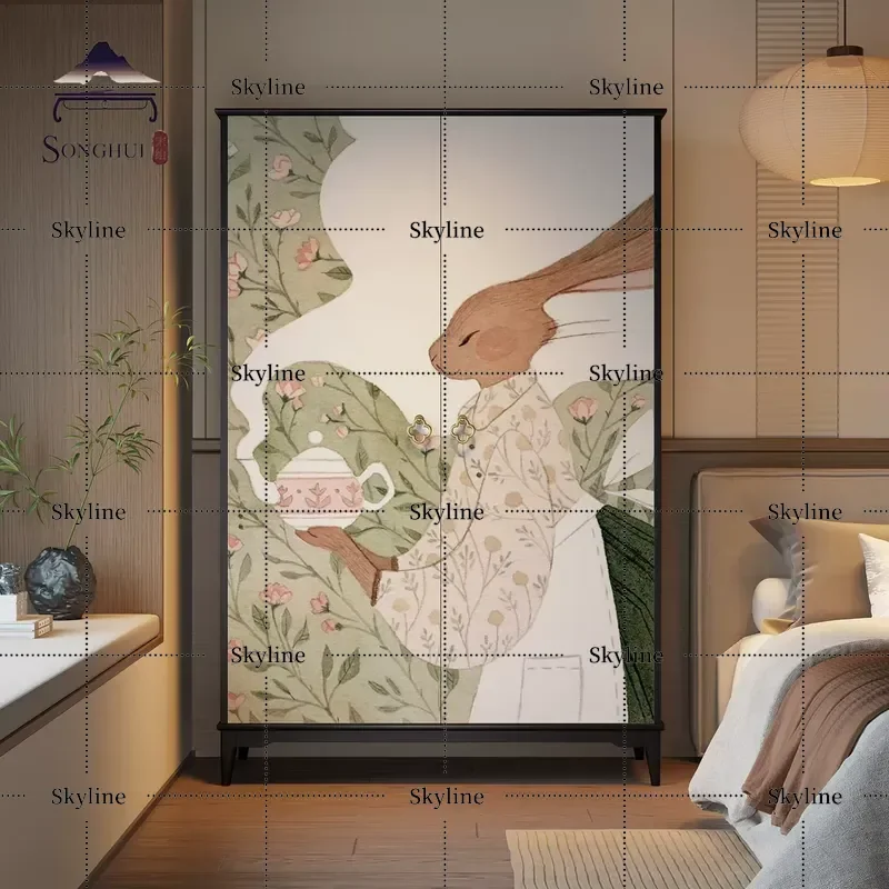 Medieval Style Cartoon Rabbit Print Wardrobe New Chinese Pure Solid Wood Bedroom Clothing Storage Cabinet Fully Equipped