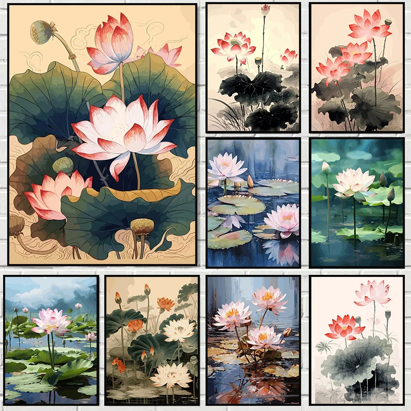 

Chinese Style Lotus Flower Lotus Leaf Posters Traditonal Diamond Painting and Prints Wall Art Picture for Living Room Home Dec