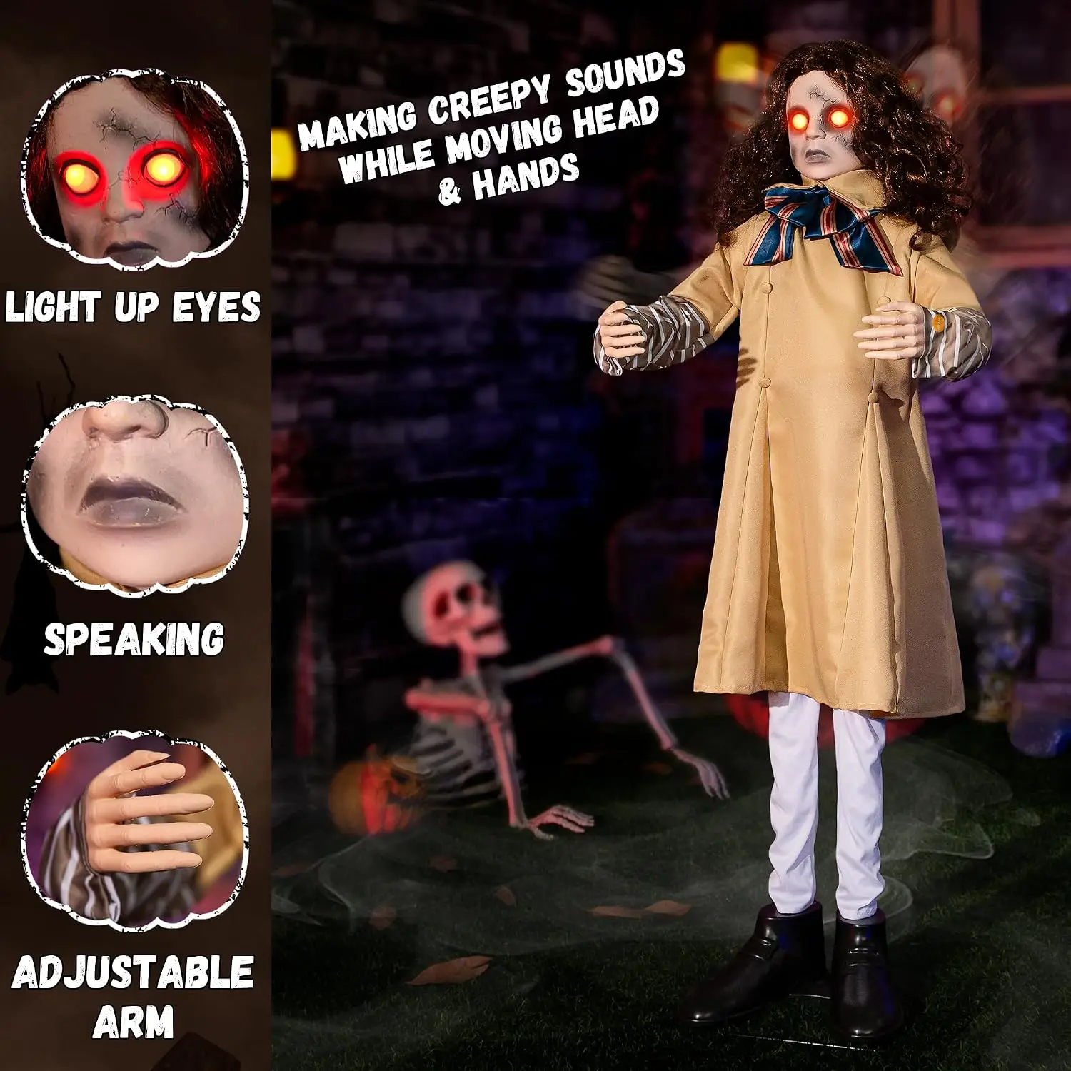 Sound Activated Animated Horror Doll 48 Inch LED Eyes Spooky Audio Moves Indoor Outdoor Haunted Display Prop
