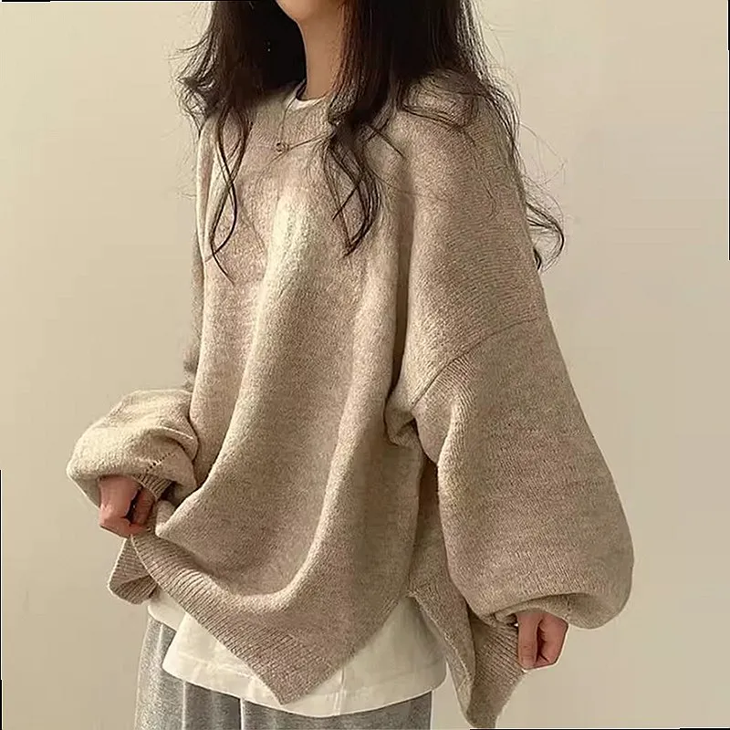 Casual Solid Color Slit Pullover Sweater Loose Sleeve Knit Top Sweaters for Spring Summer