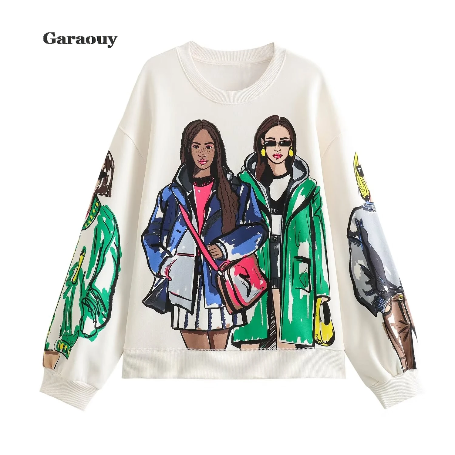 Garaouy Women\'s Spring 2024 New Fashion Joker Casual Loose Print Sweatshirt Vintage O-neck Long-sleeved Pullover Chic Top