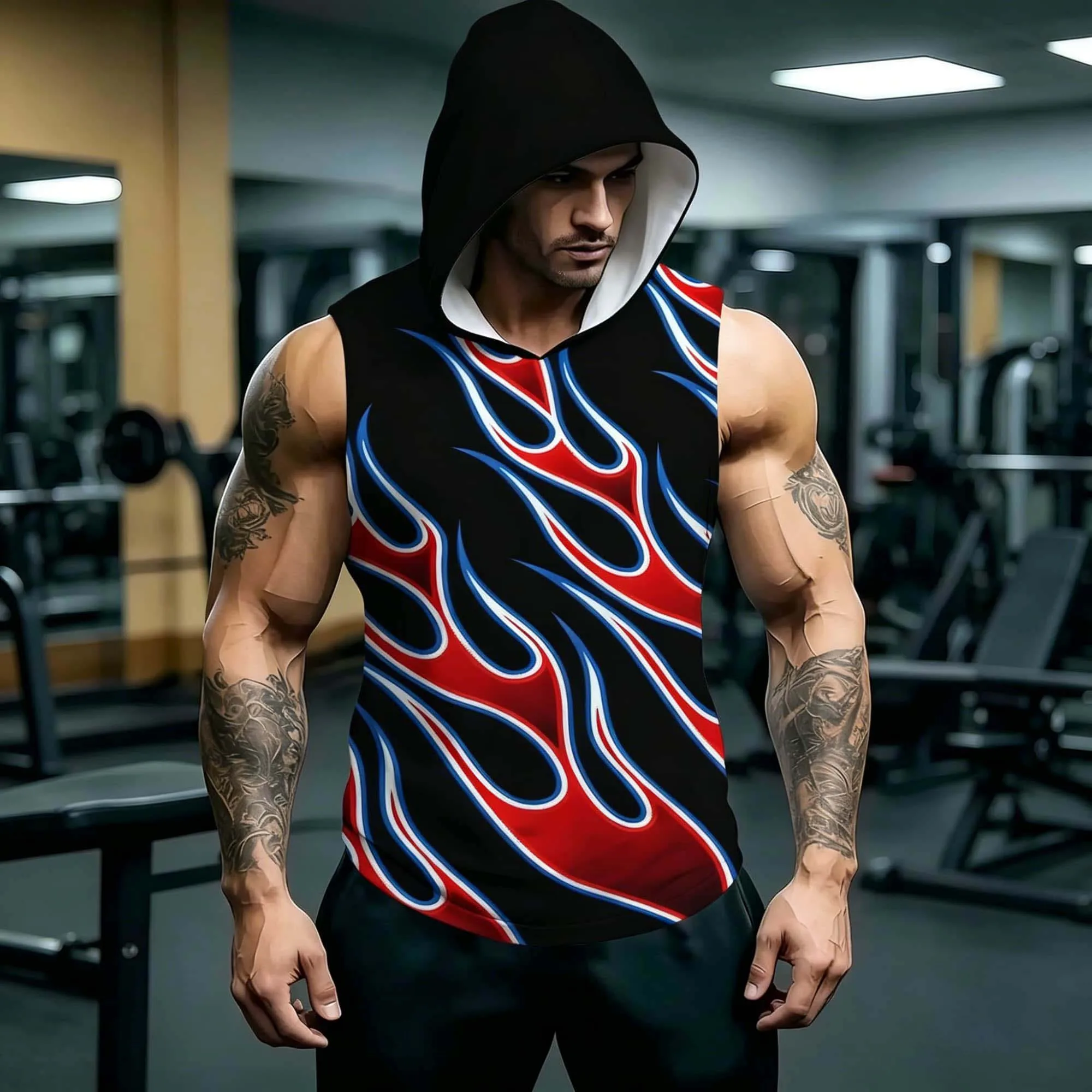 Sommer Herren Rot-Blaue Flammen Grafik Ärmelloses Hoodie Schnelltrocknend Fitness Tanktop Bodybuilding Training Street Sport Weste