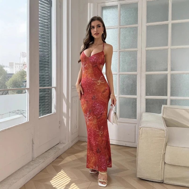 

Модное летнее платье 2026 года в европейском стиле с принтом, без спинки, прямое, с вырезами, длиной до щиколотки, с завышенной талией, облегающее