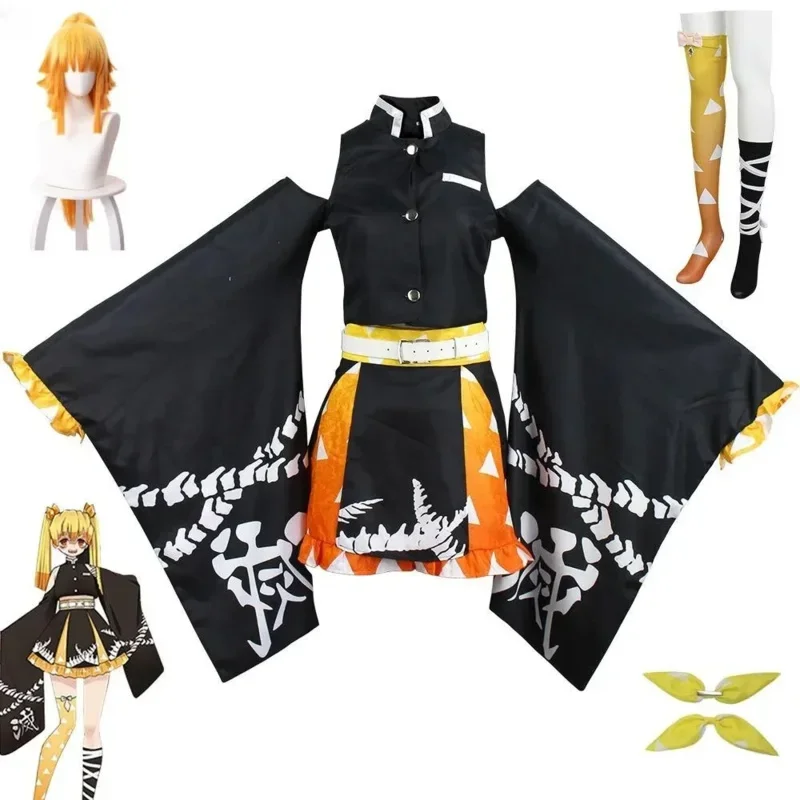 HN8 Agatsuma Zenitsu Cosplay Zenko Cosplay disfraz de Anime negro amarillo vestido de fiesta peluca larga calcetines traje para la cabeza) 4Dc