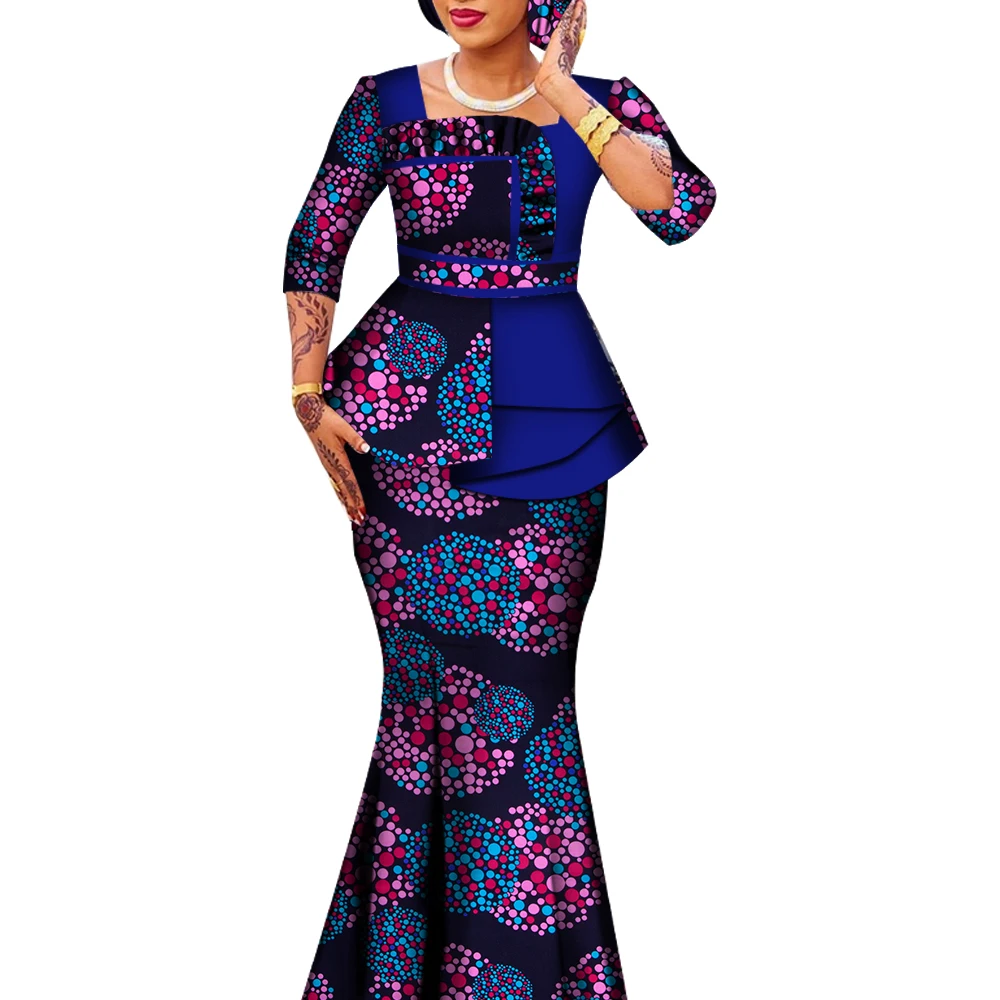 2 Pieces Set African Print Skirts & Tops African Outfits for Women Ruffles Blouse and Long Skirt Plus Size Suits WY6592