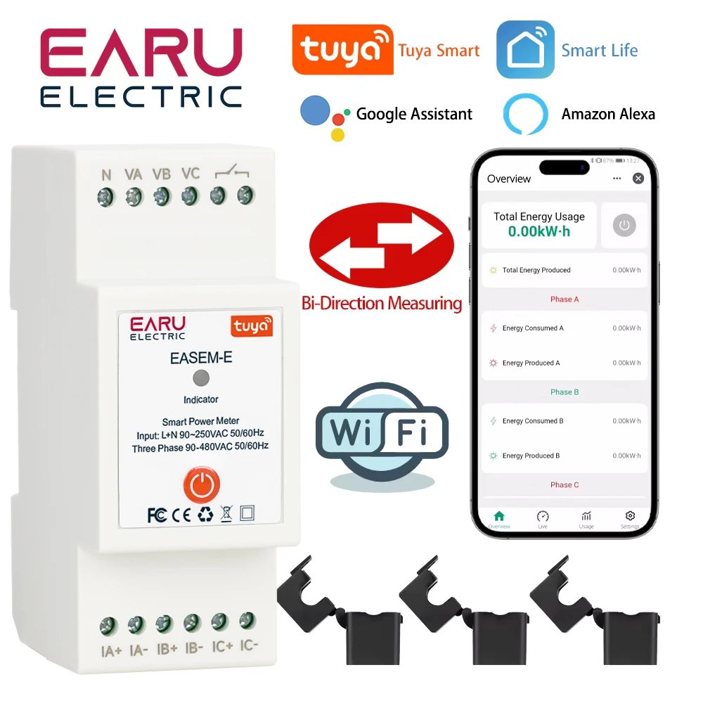 TUYA WiFi Smart Three Phase AC90-480V Bi-Directional Measurement Power Energy kWh Meter Monitor with 3PCS CT Clamps Switch Relay