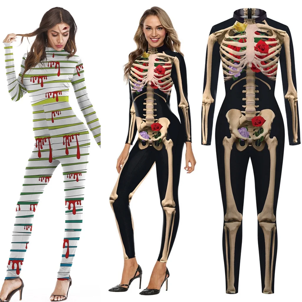 Vrouwen Mannen Menselijk Lichaam Spier Schedel 3d Geprint Jumpsuit Skelet Halloween Cosplay Kostuum