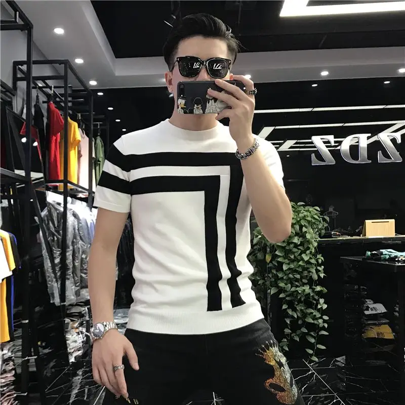 Summer Patchwork Ice Silk  Shirt O-neck T-shirt Short Sleeve Tops Trend Men's Clothing Thin Slim Tees Design  New