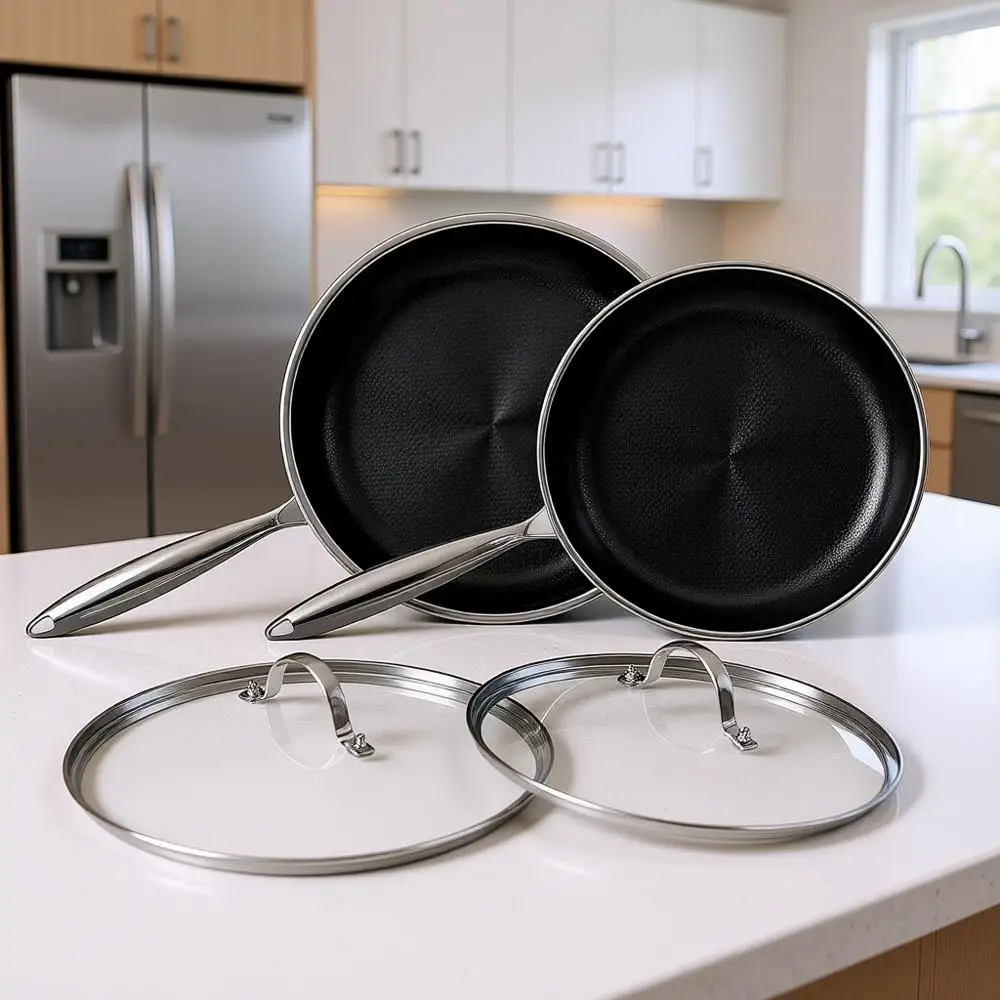 

Набор сковород из нержавеющей стали с титановым покрытием и крышками, 10 и 12 дюймов, антипригарные сковороды для яиц и омлетов, подходят для индукционных плит