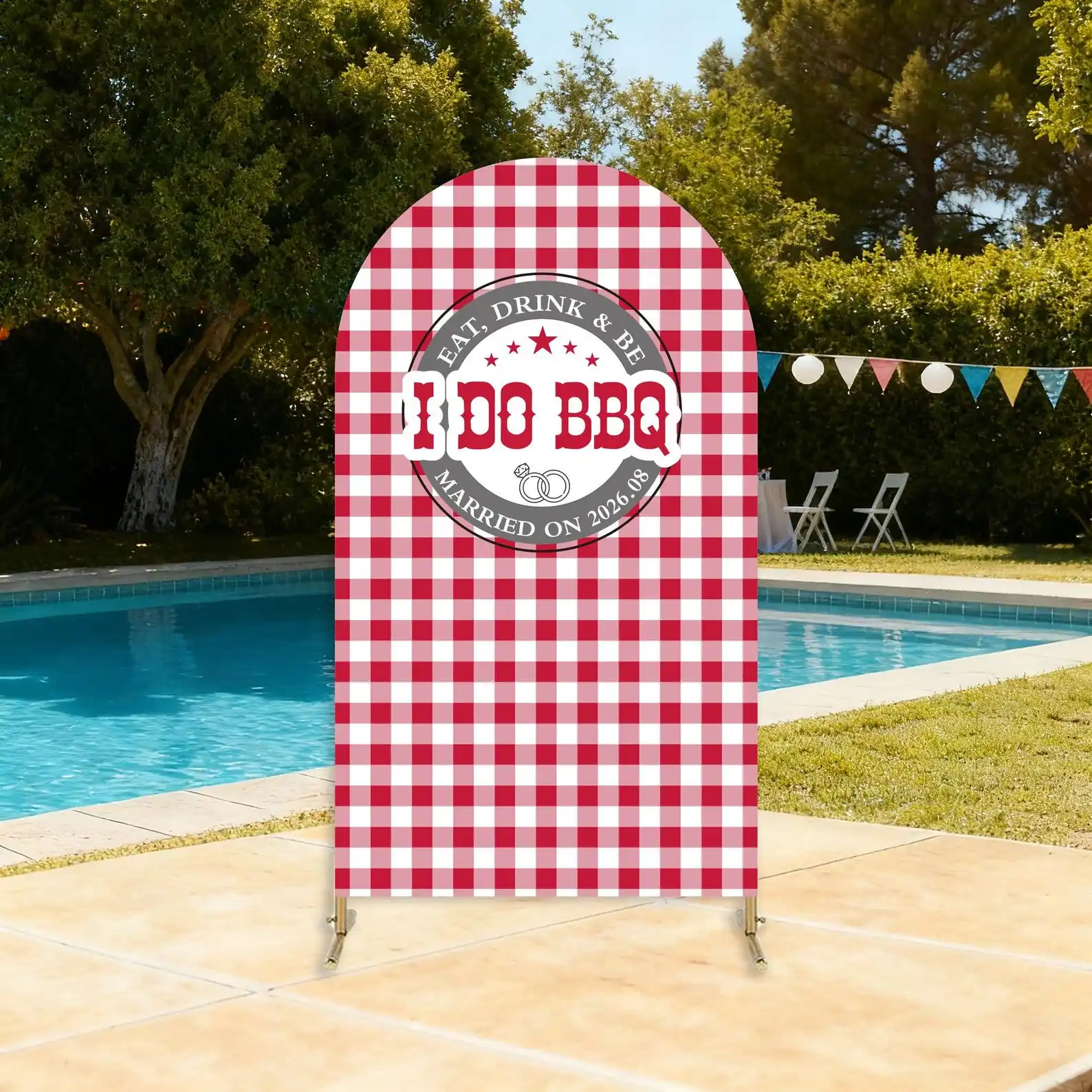 Custom I Do BBQ Arch Backdrop Cover Red Check Gingham Wedding bridal Shower Personalized Names Grill Engagement party decor