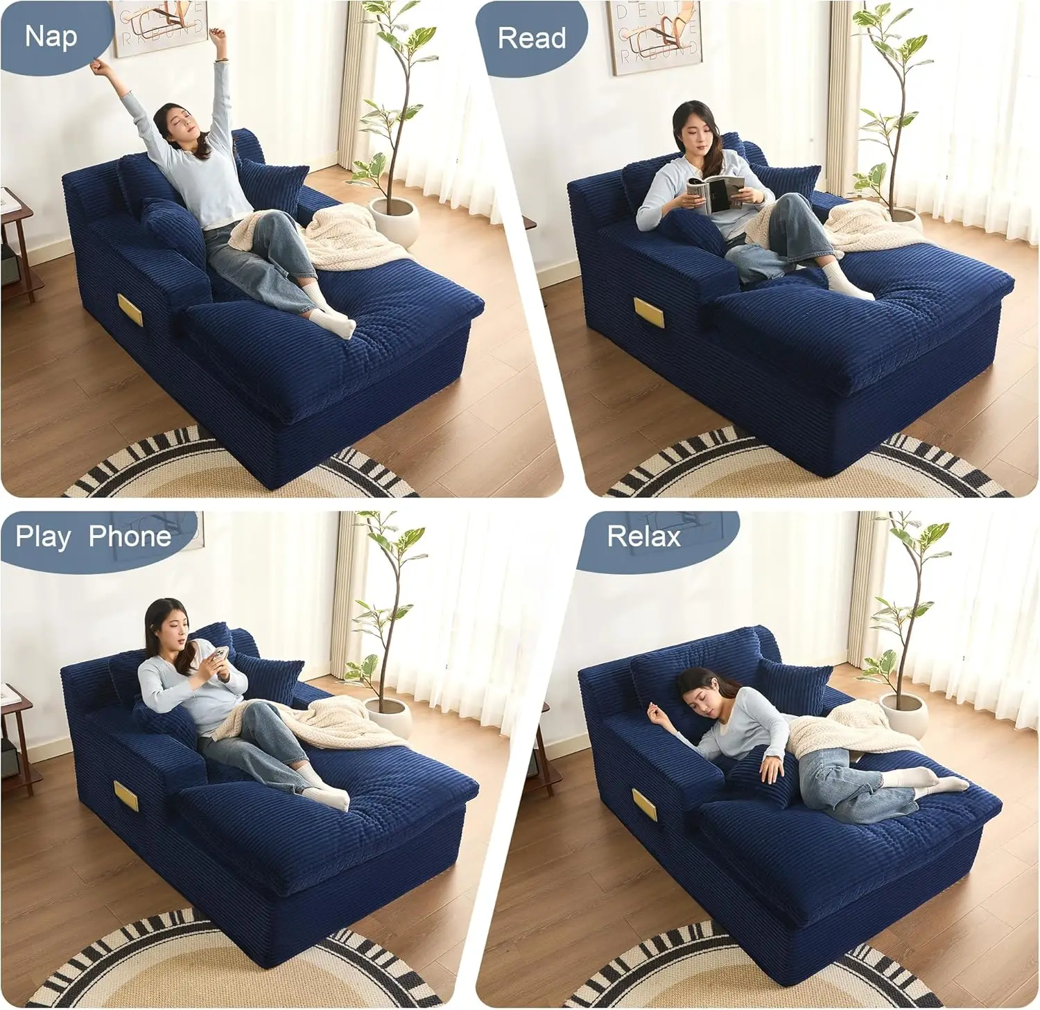 كرسي استرخاء بونيل كبير الحجم مقاس 63 بوصة، سرير أريكة قابل للتحويل مع وسائد قابلة للإزالة وجيوب جانبية، سروال قصير أزرق، مساند للذراعين