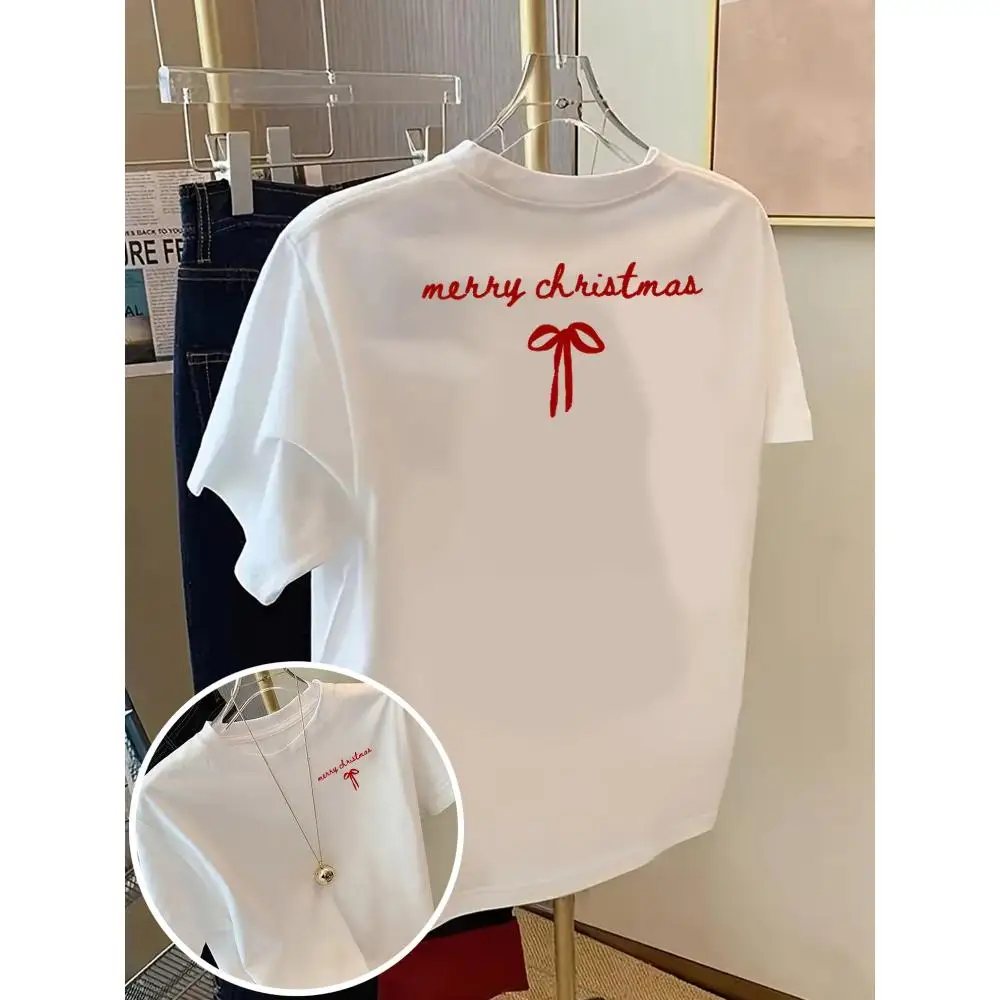 Ladies Christmas T Shirt Round Neck Short Sleeve Front Back Print Merry Christmas Design Women's Casual Fashion Comfortable Fit