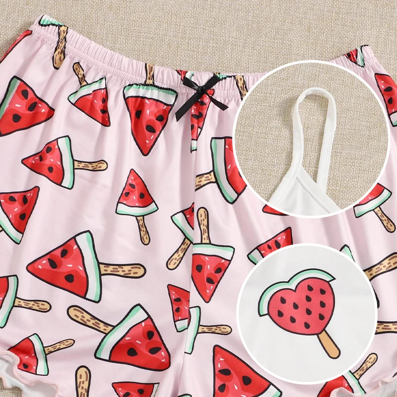 Summer New Comfortable Two-Piece Milk Silk Pink Printed Watermelon Suspender Sexy Women\'s Home Sleepwear Set