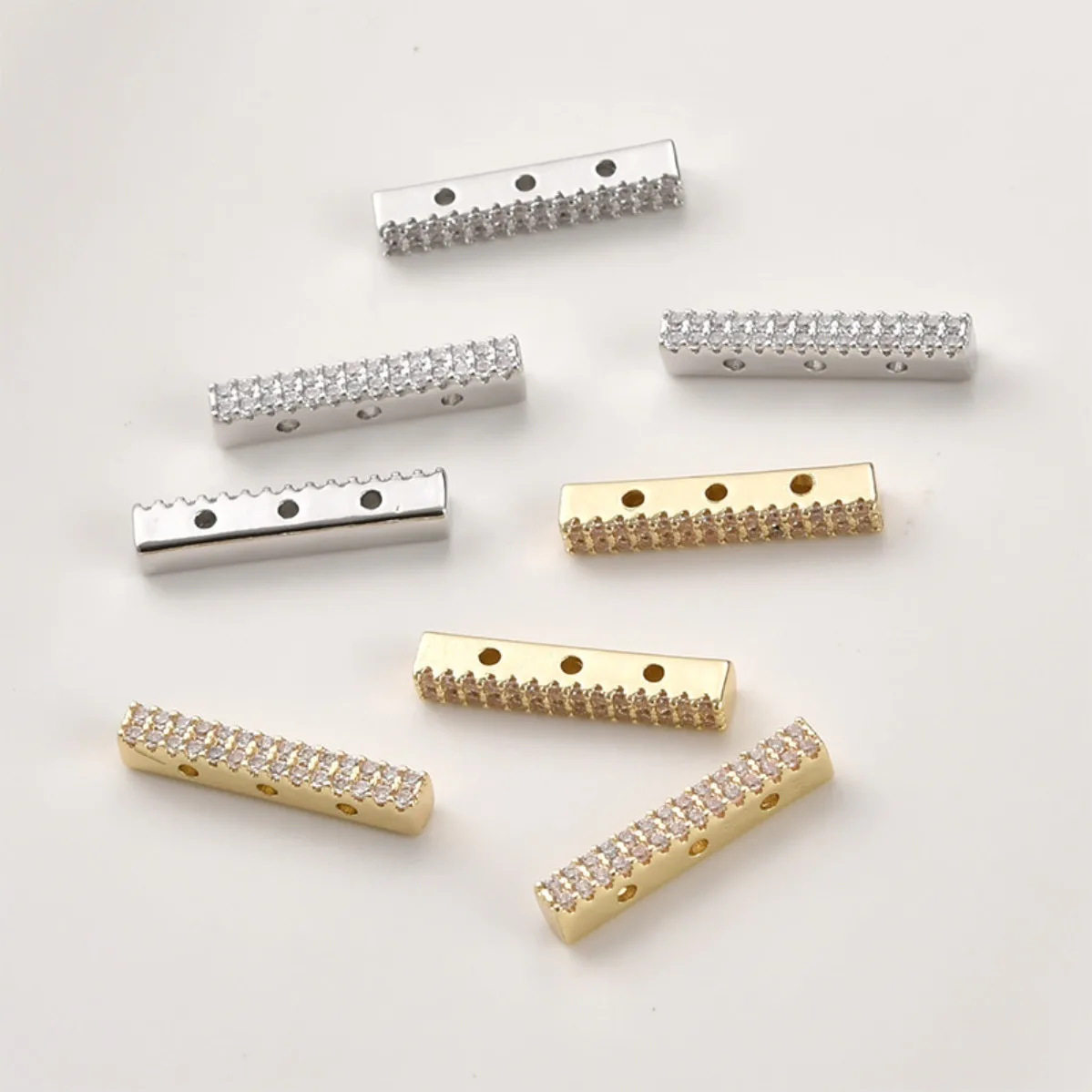Brass 14K Gold Plated Color‑Retentive Zircon‑Set Three‑Row Rectangle Spacer Beads DIY Bracelet Necklace Jewelry Making Supplies