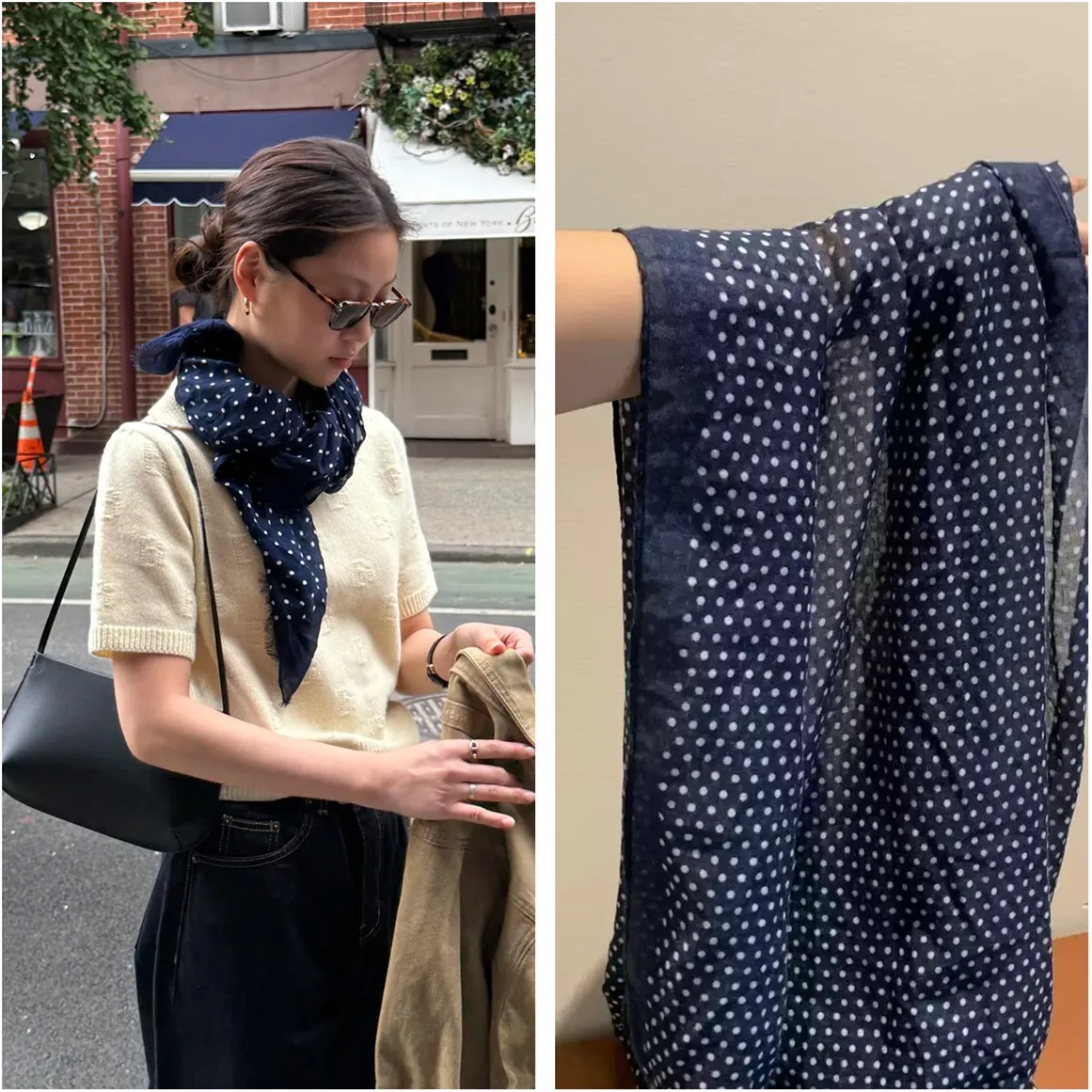 Retro Dark Blue Polka Dot Cotton Linen Scarf Women's Stylish Versatile Warm Silk Scarf for All Seasons Korean Style Long Rect...