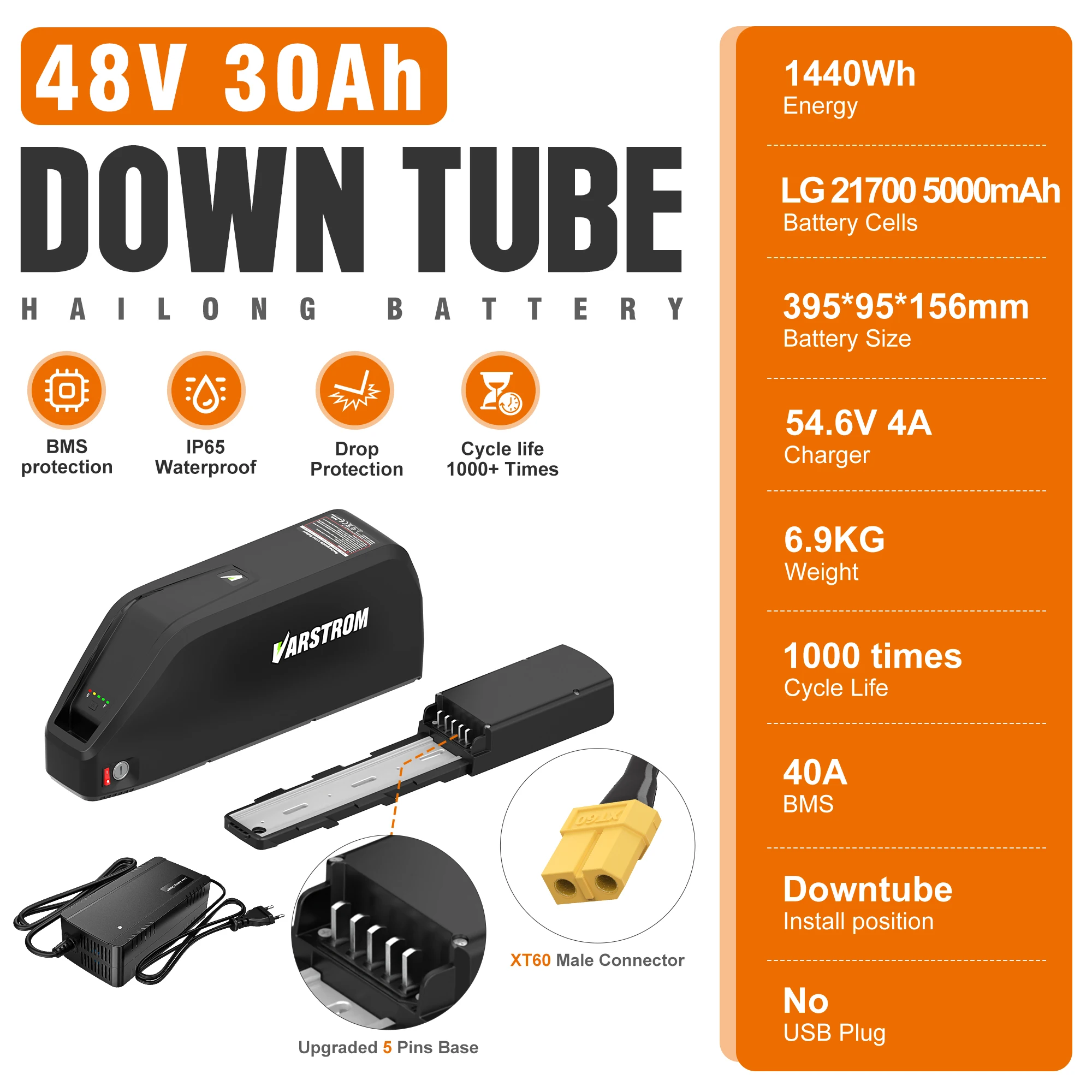 Varstrom 48V 30AH 52V 36V 20AH E-bike accu Hailong Max 40A 50A BMS 500W 750W 1000W 1500W Elektrische Scooter 21700 Lithium-cel