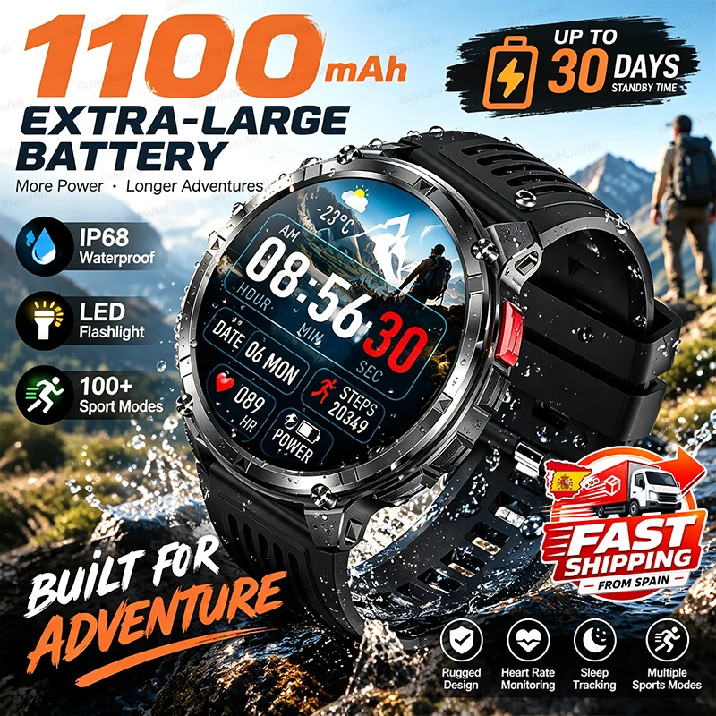 2026 Nuovo Smartwatch da Uomo con Batteria Grande da 1100mAh, Torcia LED Tattica per Esterni, Bussola, Monitoraggio della Salute, Chiamate Bluetooth, Impermeabile IP68, Sport, Fitness, Smartwatch HD