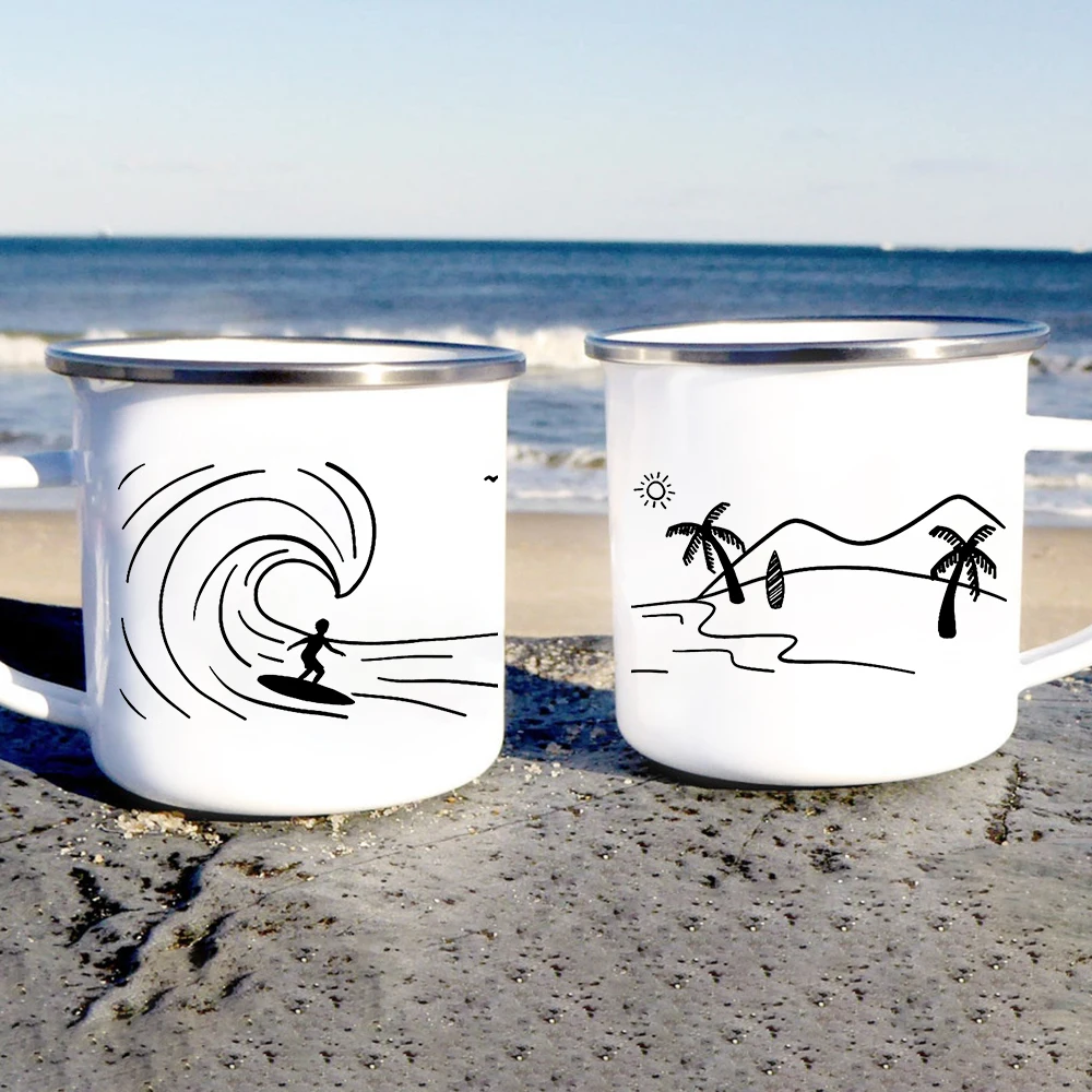 Personalizzato Surfer Beach Camper Mug subacquei subacquei tazze Hawaii Beach Campfire smalto acqua tazze da caffè regalo di surf creativo