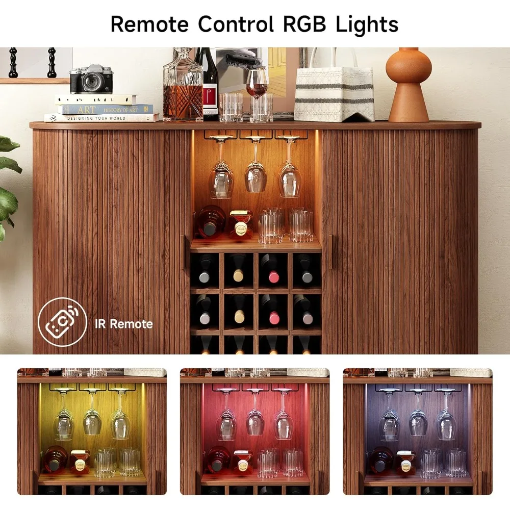Weinbarschrank mit LED-Licht, moderne Likör-Whisky-Kaffeestation mit Weinregal und Glashalter, Bauernhaus-Buffet-Sideboard