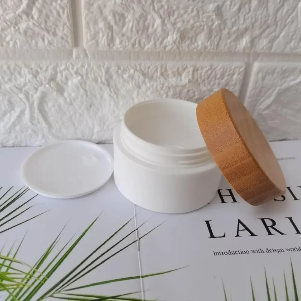white plastic jars for cosmetics White PP Plastic Jar with Bamboo Lid  Environmental Protection Glass Jar，face cream jars