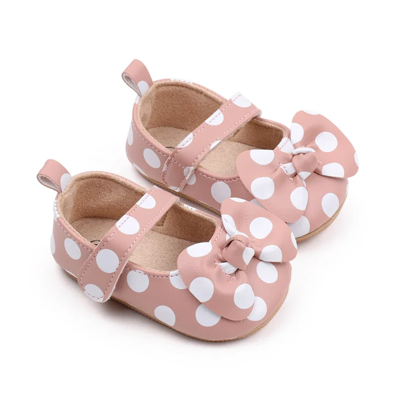 Baby Girls Crib Shoes Cute Dot Infant Bowknot Non-slip Flat PU First Walker Rubber Soft-Sole Newborn Girls Shoes