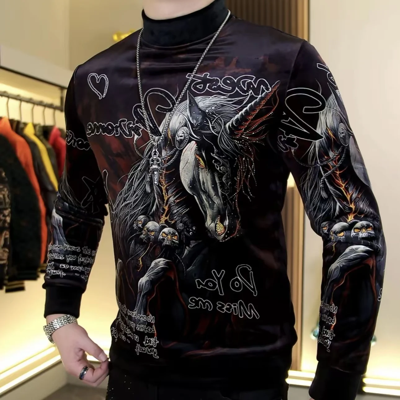 

Men's Winter Fce Lined mid Ne Velvet Embroidered Rhinestone Sweatirt Faion Slim Fit Elastic Base irt