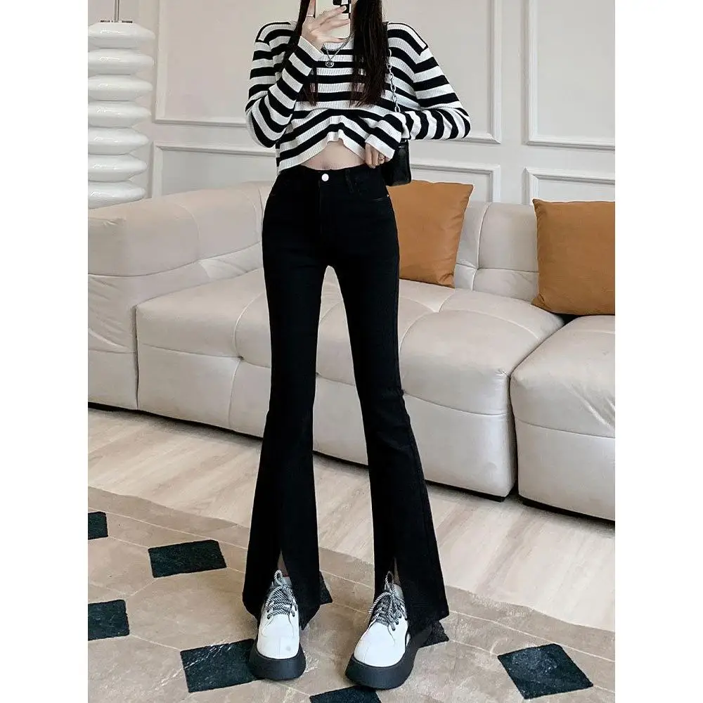 

High Waist Flared Jeans Women's Spring Autumn 2026 New Sle Slimming ort plus Size Bla Flared Pants Casual Cotton Polyester