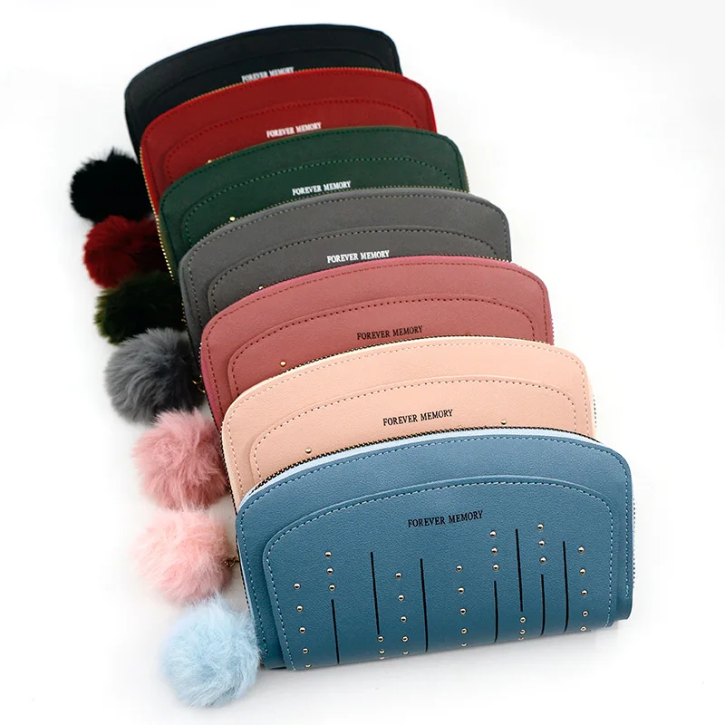 Personality New Ladies Purse Fashion Rivet Fur Ball Pu Long Wallet Card Bag Clutch Bag Zipper