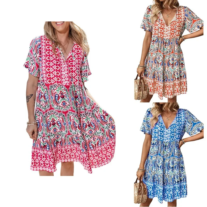 Bohemia Women 2024 Summer New V-neck Dress Fashion Loose Printing Elegant Comfort Table Colorful Patchwork Vacation Short Skirt