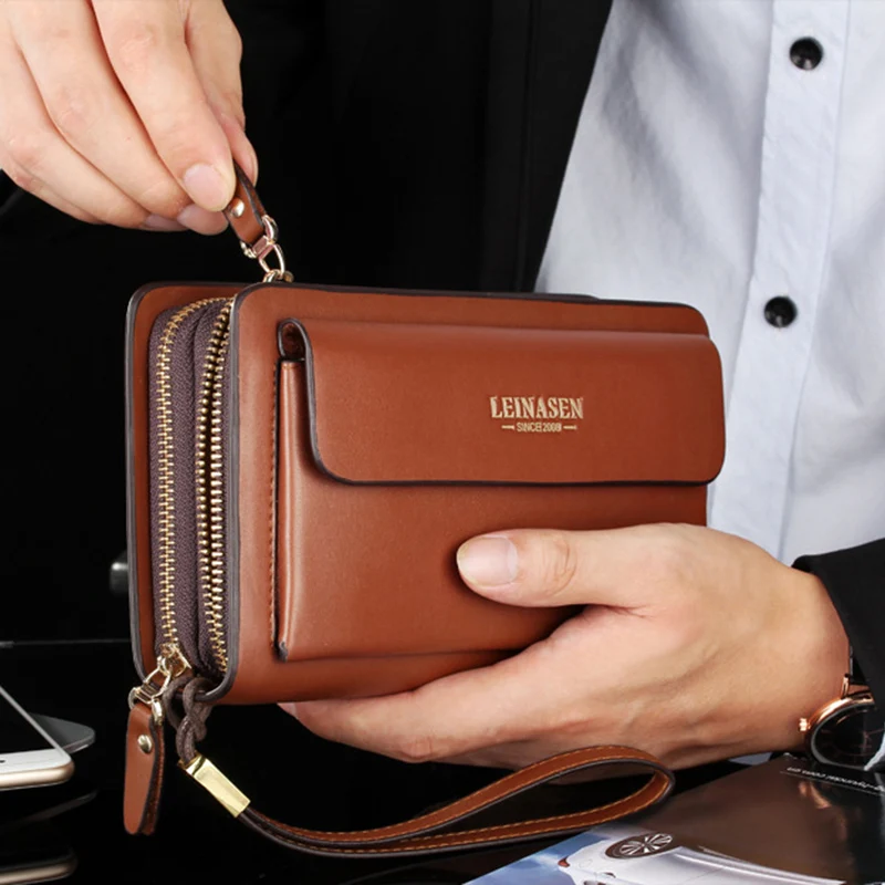 Brand Fashion Vintage Long Purse Men\'s Clutch Bag Double Zipper Large Capacity Multi-Card Slots Passport Holder Business Wallet