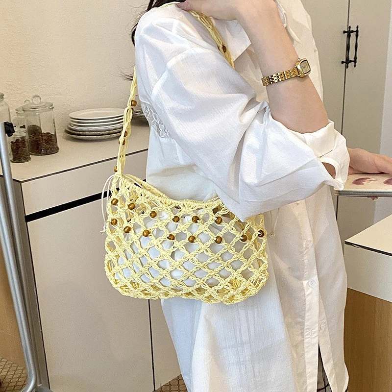 

Fashion Crochet Hollow Mesh Shoulder Bag Summer Beach Vacation Bag Wooden Beads Decor Handbag With Inner Pocket Casual Tote Bags