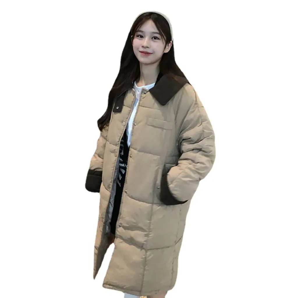 

Women's Korean Style Loose Hooded Cotton Jacket Mid-Length Turn-Down Collar down Coat Warm Thickened Over-The-Knee Outerwear