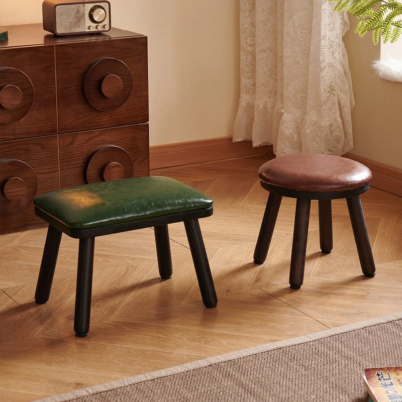 

Luxury Thick High-Resilience Sponge Padded Stool Solid Wood Legs&Wax Leather Round Square Ebony Home&Office Comfortable Seat
